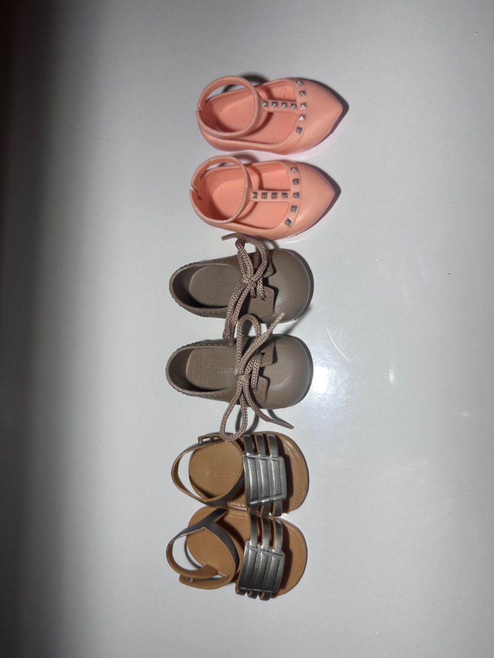 Three Pairs of Our Generation Doll Shoes - Tan, Beige, Peach Play Accessories